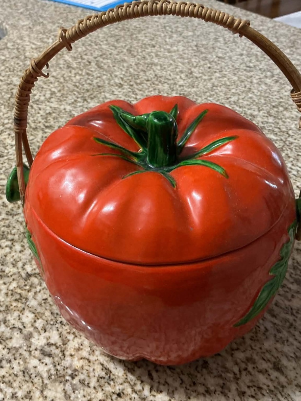 Red Ceramic Tomato Cookie Jar with Woven Handle vintage
